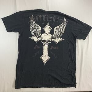 Y2k Affliction Black Live Fast Skull Wings Cross T-Shirt Men’s 2XL Good Distress
